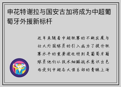 申花特谢拉与国安古加将成为中超葡萄牙外援新标杆